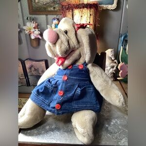 Vintage 1981 Ganz Wrinkles the Dog in Overall Dress - Hand Puppet (flaw)